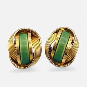 Vintage Clip On Earrings Retro Gold Faux Jade Plastic Green Chunky Infinity Knot